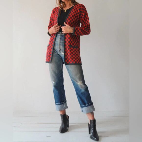 Checkered Cardigan Silk Wool Blend Checkered Vintage Sweater - Picture 3 of 16